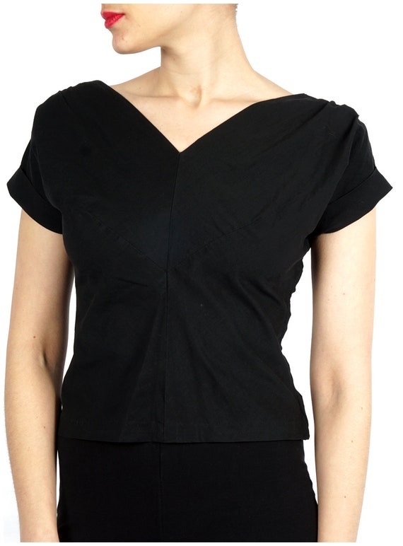 Classic Vintage 1950s Black Fitted Cropped Blouse… - image 3