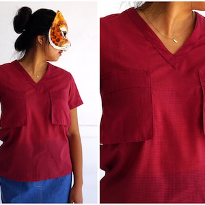 Simple Vintage 1960&#39;s Perforated Grid Dot Textured Top in Rustic Red with Front Patch Pockets by I. Magnin | Small