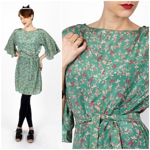 Vintage 1970s Green & Pink Floral Belted Tunic Dress with Bell Sleeves | Small/Medium