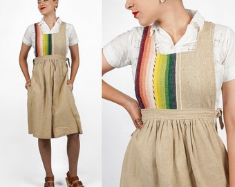 Vintage 1970s Beige & Rainbow Flax and Wool Pinafore Jumper Dress by Joseph Magnin | XS/Small