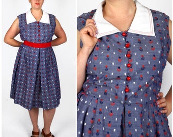Vintage 1950s Blue and Red Floral Print Fit and Flare Day Dress with White Collar by Mr. Jack | Large/XL