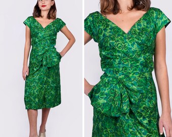 Vintage 1950s/60s Bright Green Cabbage Rose Floral Silk Sheath Wiggle Dress w/ Side Drape and Bow by I. Magnin | Small