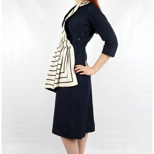 Vintage 40s/50s Navy Silk Dress with 3/4 Sleeves and Striped White Collar and Side Sash by Berenice Holloway Medium image 4