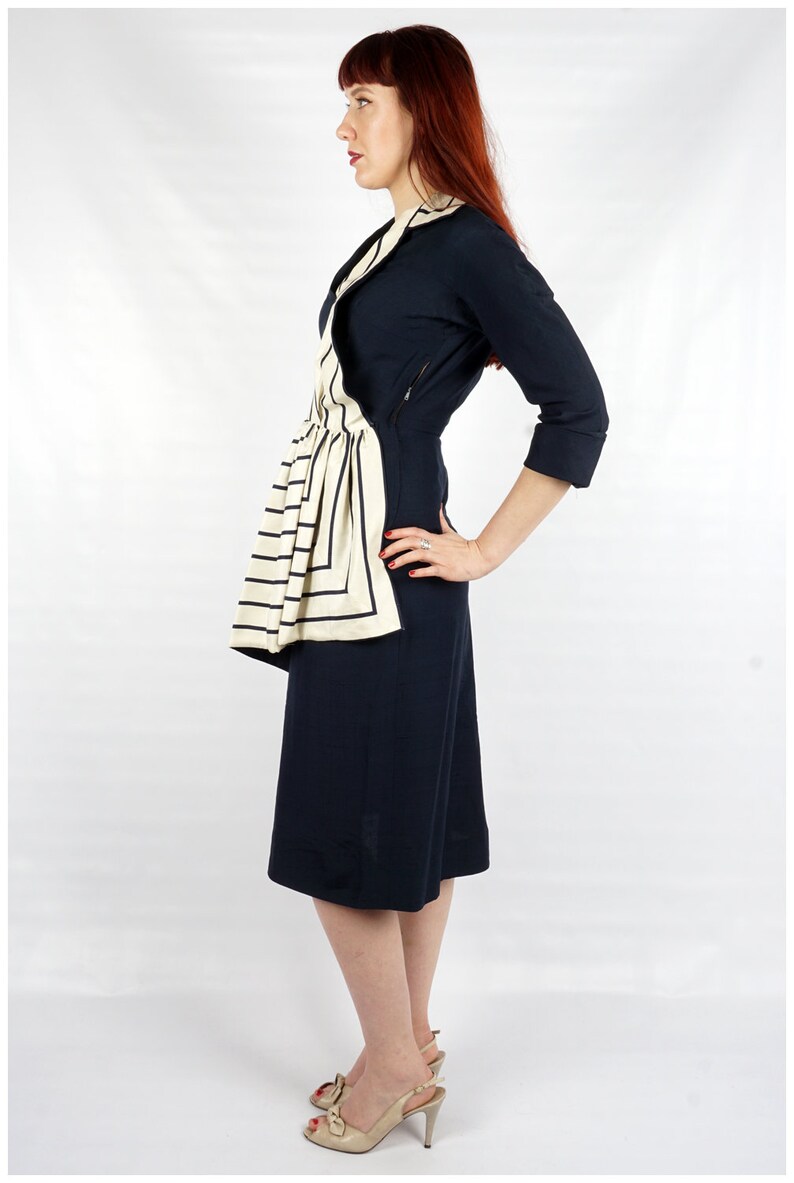 Vintage 40s/50s Navy Silk Dress with 3/4 Sleeves and Striped White Collar and Side Sash by Berenice Holloway Medium image 4