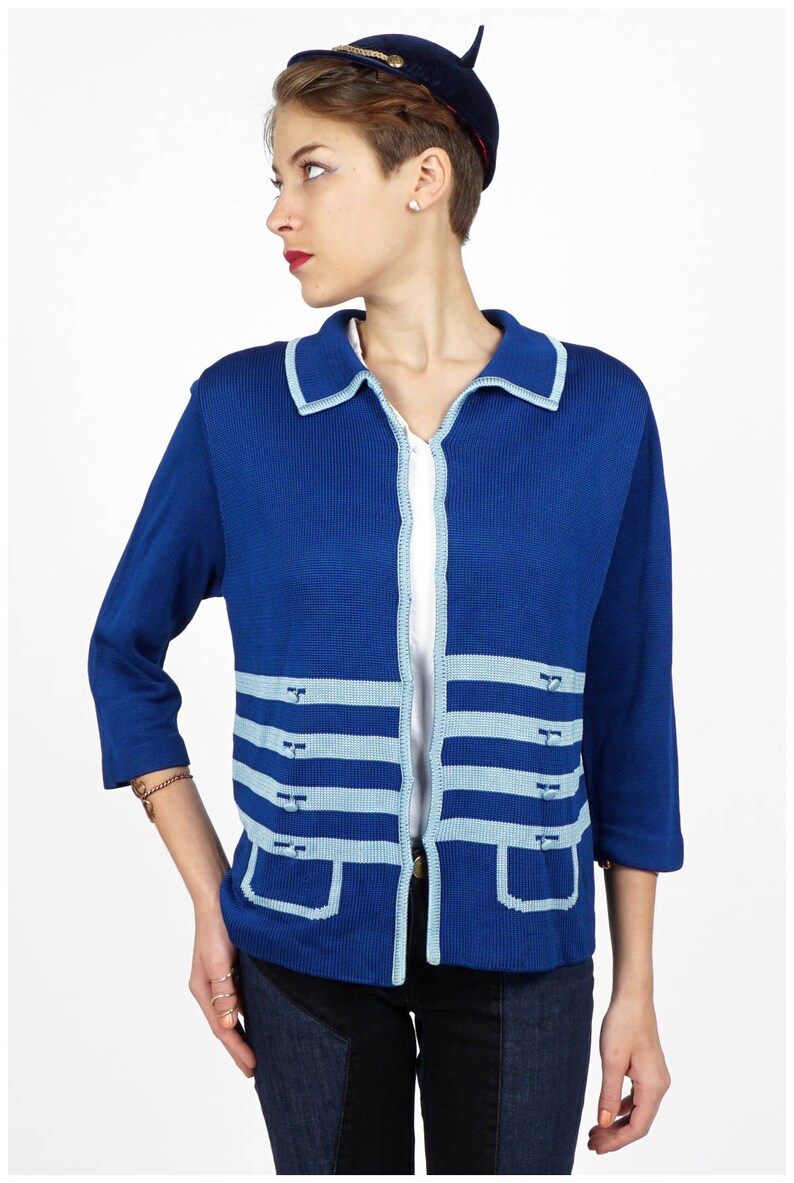 Medium Vintage 1960s Blue Knit Trompe L/'oeil Cardigan