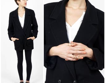 Vintage 1980s Black Wool Double Breasted Long Lapel Low Four Button Blazer  by Jaeger | Small/Medium