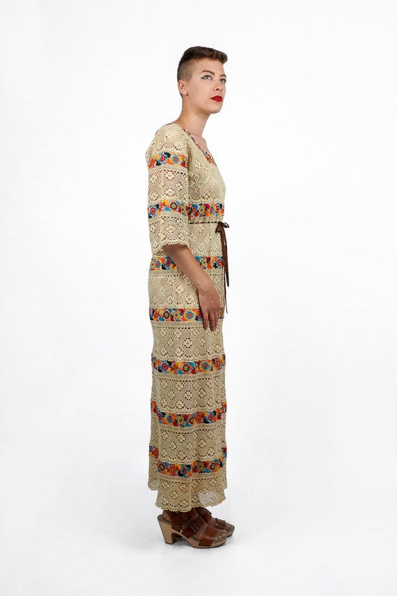 Vintage 1970s Ecru Lace Mexican Maxi Dress with R… - image 3