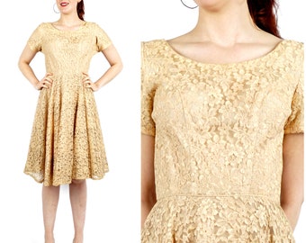 Vintage 1950s Gold Lace Circle Skirt Dress | Medium
