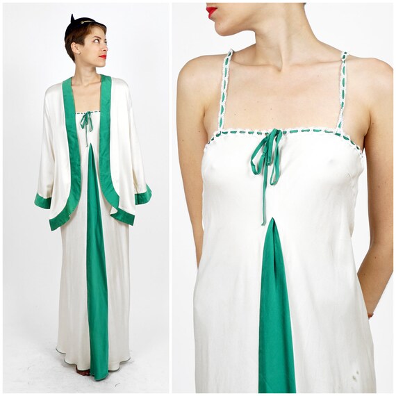 Vintage 1940s Silk White and Green Night Gown and