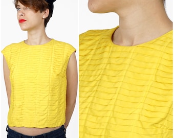 Vintage 1960s Sleeveless Yellow Pleated Silk Top | Small