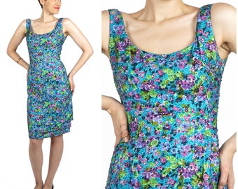 Vintage 1960s Blue & Purple Beaded Floral Wiggle Party Dress by Victoria Royal Limited | Small