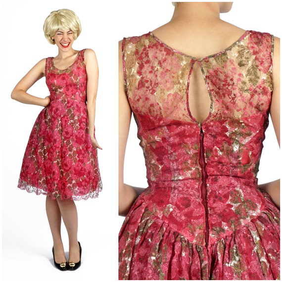 Vintage 1950s Fuchsia Bright Pink Floral Lace Circle-skirt Dress with Keyhole Back by Samuel Winston by Roxane | XS