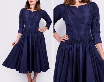 Vintage 1960s Navy Blue Fit & Flare Taffeta Party Dress with Full Skirt and Diamond Ruching Detail at Waist | XS/Small