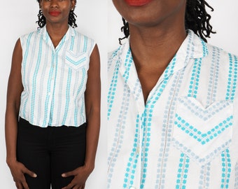 Vintage 1960s White & Blue Embroidered Floral Striped Sleeveless Button-up Cotton Blouse by Truly Regal | Medium