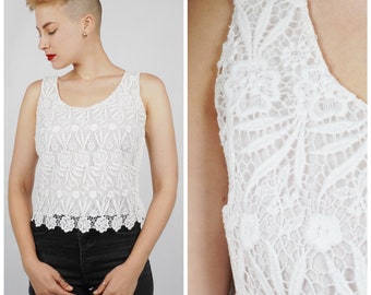 Vintage 1960s White Sleeveless Lace Top by Gregory | Small Medium