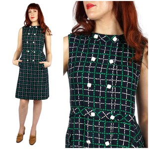 Vintage 1960s McMullen's Sleeveless Navy and Green Grid Belted Shift Dress with Square Buttons and Pockets | Medium