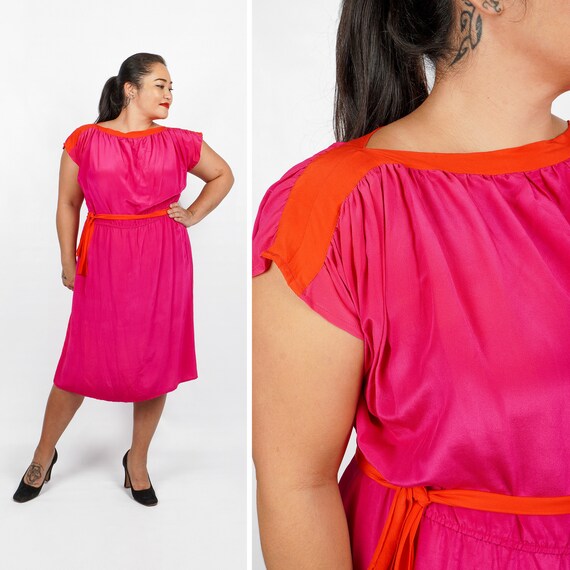 Vintage 1970s/1980s 100% Silk Pink & Red Belted Dr