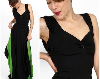 Gorgeous Vintage 60s Black Floor-Length Gown with Green Lined Full Maxi Skirt  | Small