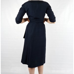 Vintage 40s/50s Navy Silk Dress with 3/4 Sleeves and Striped White Collar and Side Sash by Berenice Holloway Medium image 8