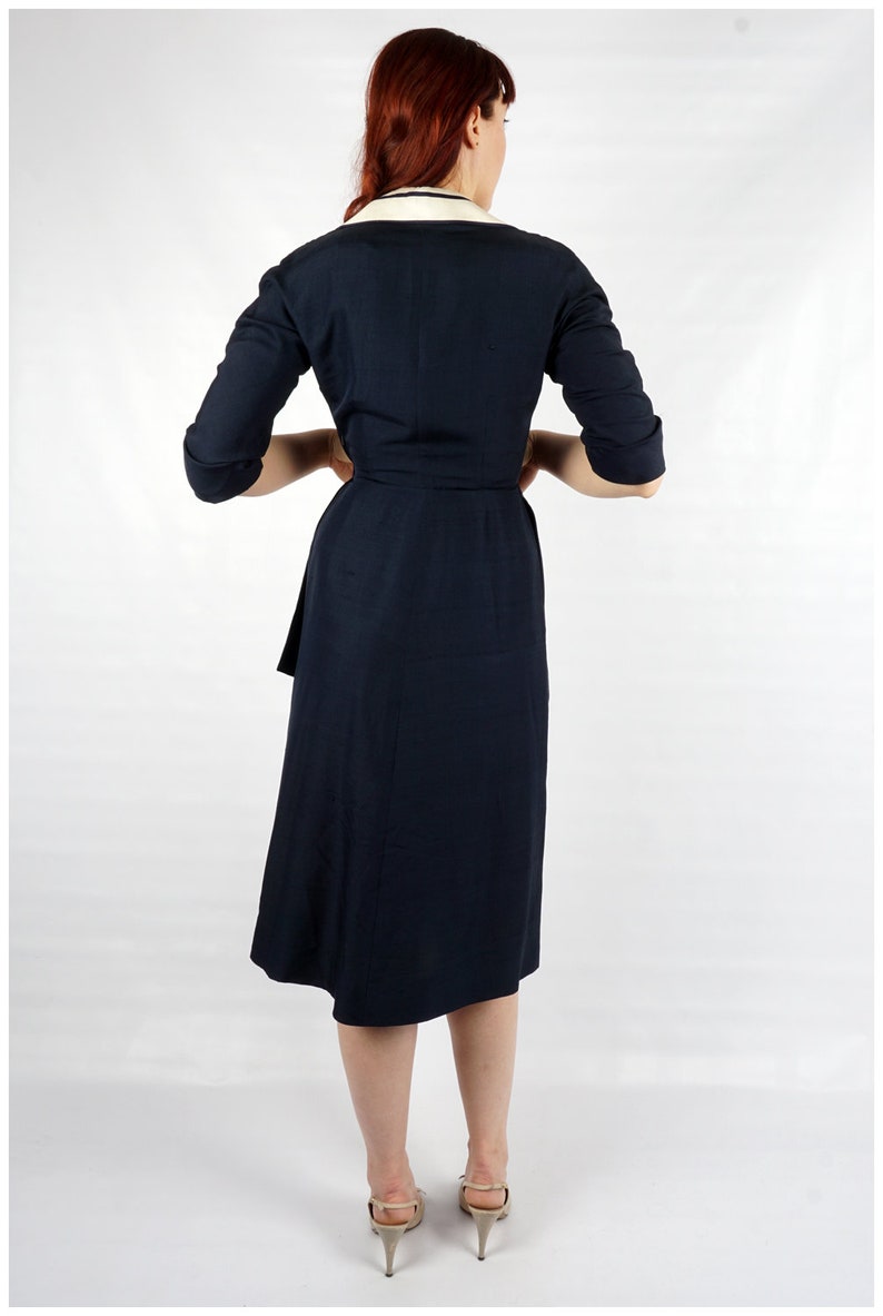 Vintage 40s/50s Navy Silk Dress with 3/4 Sleeves and Striped White Collar and Side Sash by Berenice Holloway Medium image 8