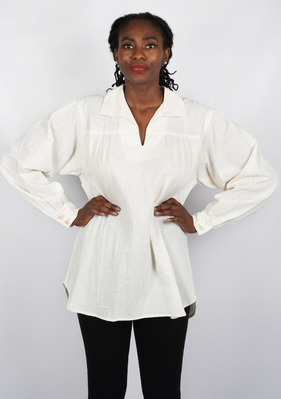 Vintage 1970s Off-White Collared Cotton Tunic by … - image 2