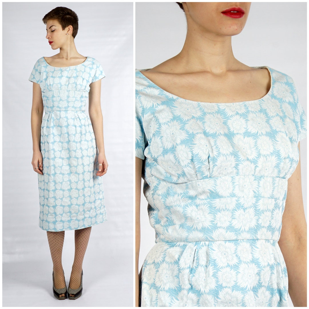 Vintage 1950s Baby Blue & White Floral Brocade Wiggle Dress - Etsy
