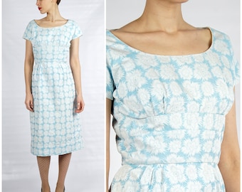 Vintage 1950s Baby Blue & White Floral Brocade Wiggle Dress with Triple Bow Back by Pat Premo | Small/Medium