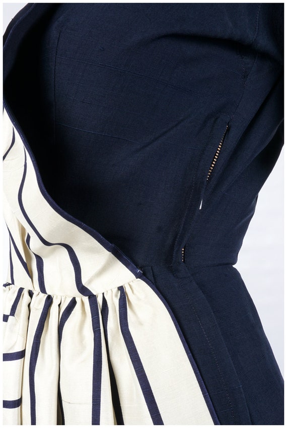 1950s Navy Silk Dress with Wide Belt and Decorative Buttons