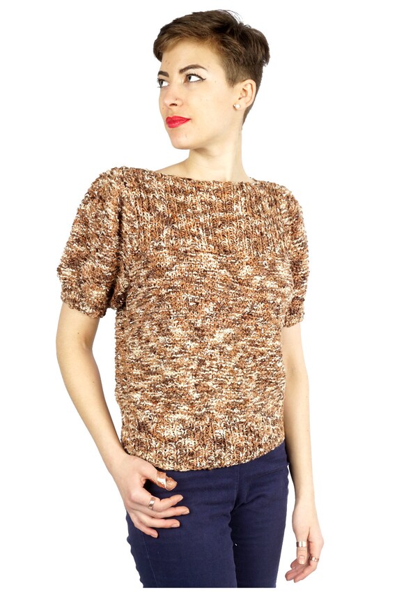Vintage 1960s Brown & Beige Stretchy Knit Sweater… - image 7