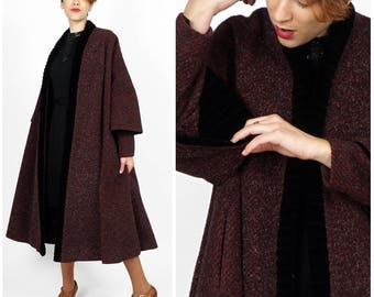 Vintage 40's/50's Burgundy Striped Eyelash Wool Swing Coat w/ Velvet Trim & Double Sleeve by Lilli Ann and Blin + Blin | Small Medium