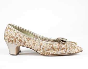 Sz. 10 | Vintage 60s Brown and White Embroidered Sheer Floral Mesh Pumps with Bow by Paradise Kittens