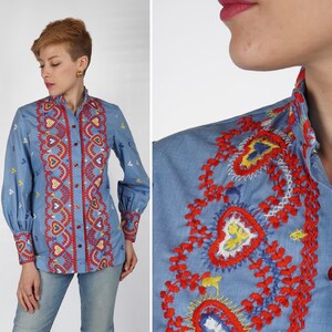 Vintage 1970s Embroidered Button-up Chambray Cotton Shirt with Large Cuffs by I. Magin | Small