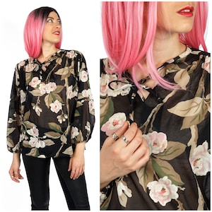 Vintage 1970s Sheer Black Floral Peasant Top by Kaldor&#39;s | Medium