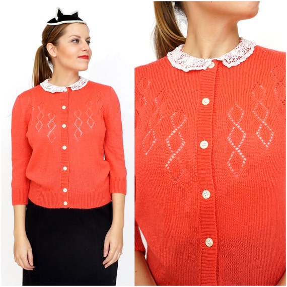 Vintage 1980s Salmon Pink Cardigan with Lace Colla