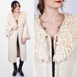 Vintage 1960s Thick Soft Ivory Knit Long Cardigan Sweater with Oversized Loop Yarn Collar and Bell Sleeves | Small/Medium