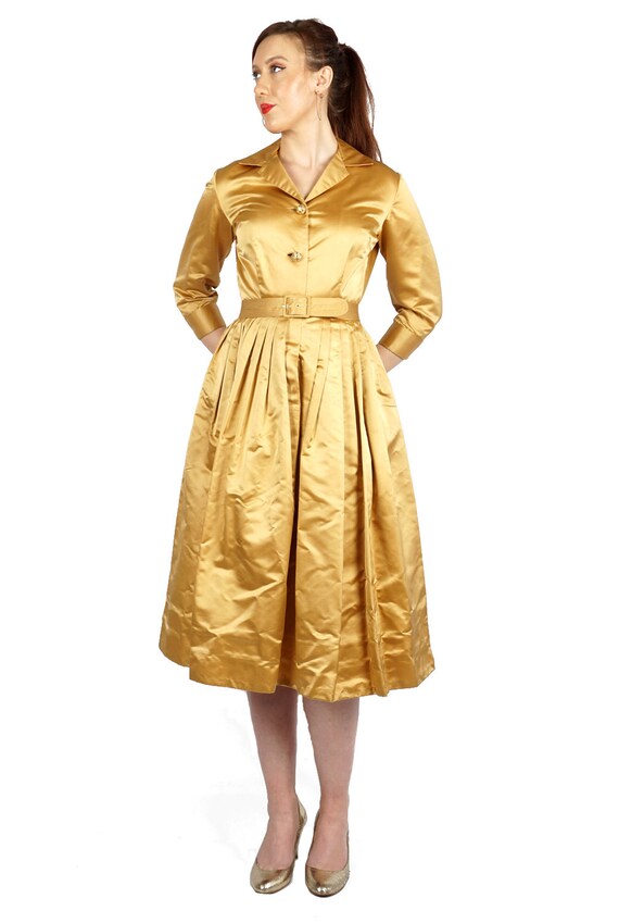 Vintage 50s/60s Satin Gold Belted Shirt-waist Dre… - image 2