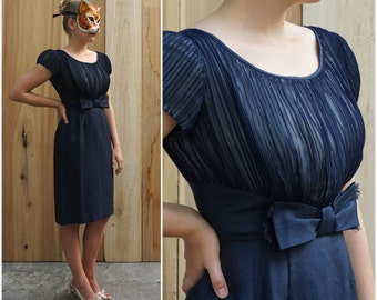 Vintage 50's/60's Navy Blue Wiggle Dress with Bow and Pleated Bodice | Small Medium