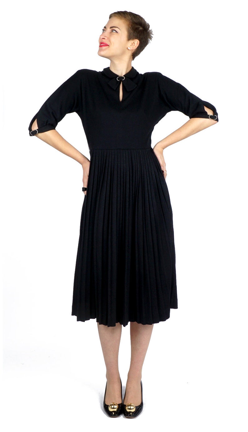 1940s Black Wool Dress with Polkadots and Velvet Accents