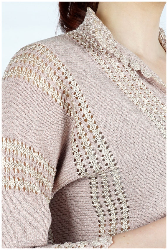 Vintage 1970s Blush Pink & Beige Stripe Crocheted… - image 7