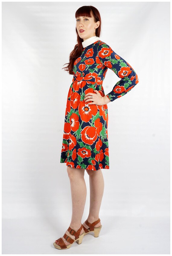 Vintage 1970s Bright Floral Poppy Print Red & Nav… - image 4