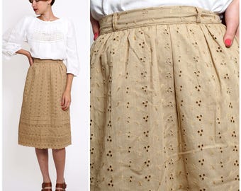 Vintage 1950s Light Brown Tan Eyelet Tiered Midi Skirt by Lady Manhattan | XS/Small
