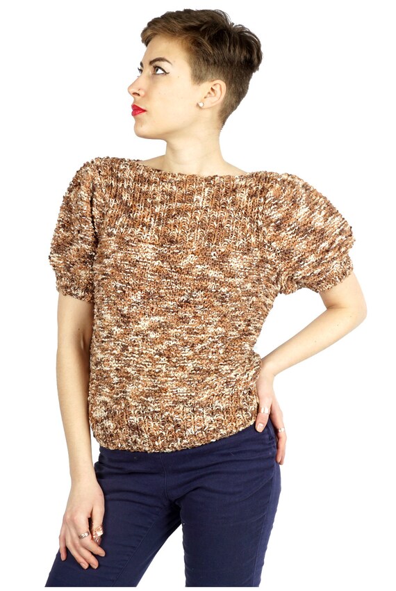 Vintage 1960s Brown & Beige Stretchy Knit Sweater… - image 1