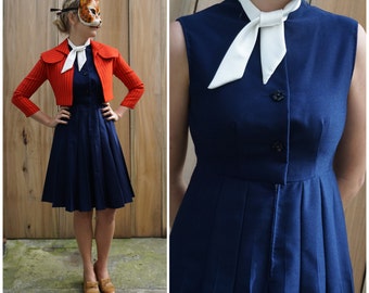 Beautiful Italian Vintage 60s Navy Blue Sleeveless Dress w/ Ascot, Pleated Skirt and Matching Striped Red Bolero Jacket  | Small Medium