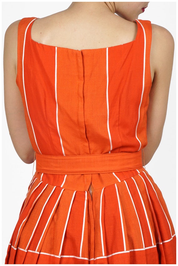 Vintage 50s/60s Belted Orange Striped Day Dress b… - image 5