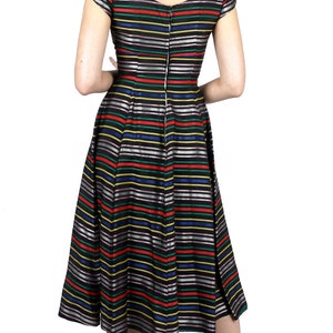 Vintage 1950s Black Stripe Fit & Flare Rainbow Ribbon Taffeta Party Dress with Fitted Waist and Full Skirt XS/Small image 6