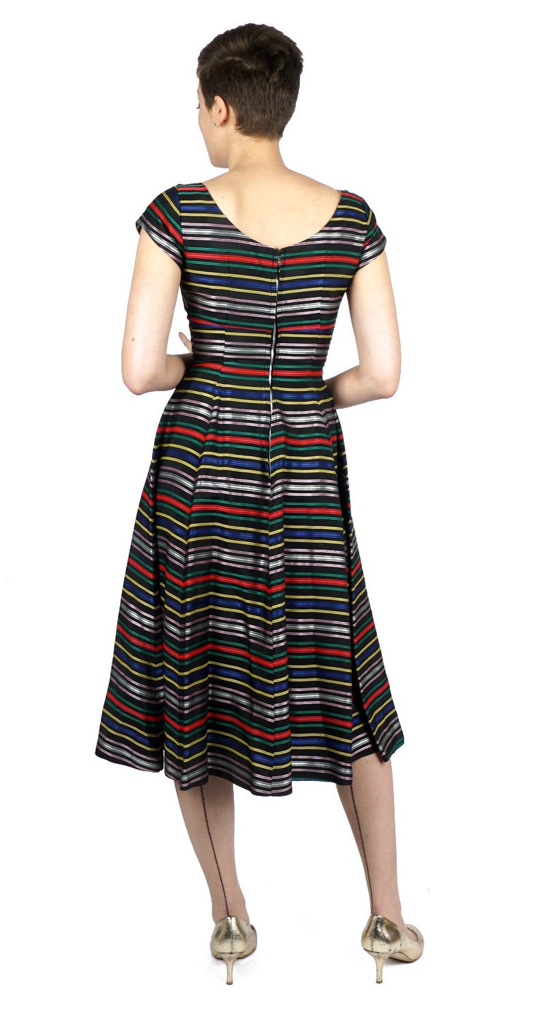 Vintage 1950s Black Stripe Fit & Flare Rainbow Ribbon Taffeta Party Dress with Fitted Waist and Full Skirt XS/Small image 6