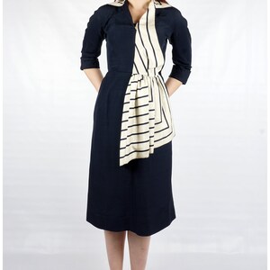 Vintage 40s/50s Navy Silk Dress with 3/4 Sleeves and Striped White Collar and Side Sash by Berenice Holloway Medium image 2