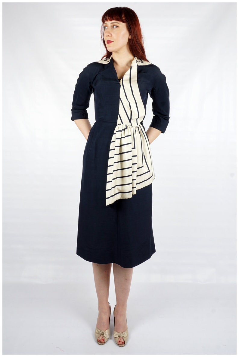 Vintage 40s/50s Navy Silk Dress with 3/4 Sleeves and Striped White Collar and Side Sash by Berenice Holloway Medium image 2