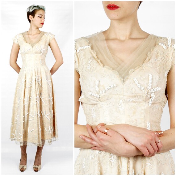 Gorgeous Blush Nude Floral Lace Beaded Cap Sleeve Midi Tea Length Dress W  Scalloped Edges & Tulle Bodice by Harvey Berin Karen Stark | Small - Etsy