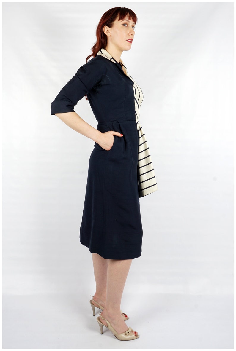 Vintage 40s/50s Navy Silk Dress with 3/4 Sleeves and Striped White Collar and Side Sash by Berenice Holloway Medium image 5